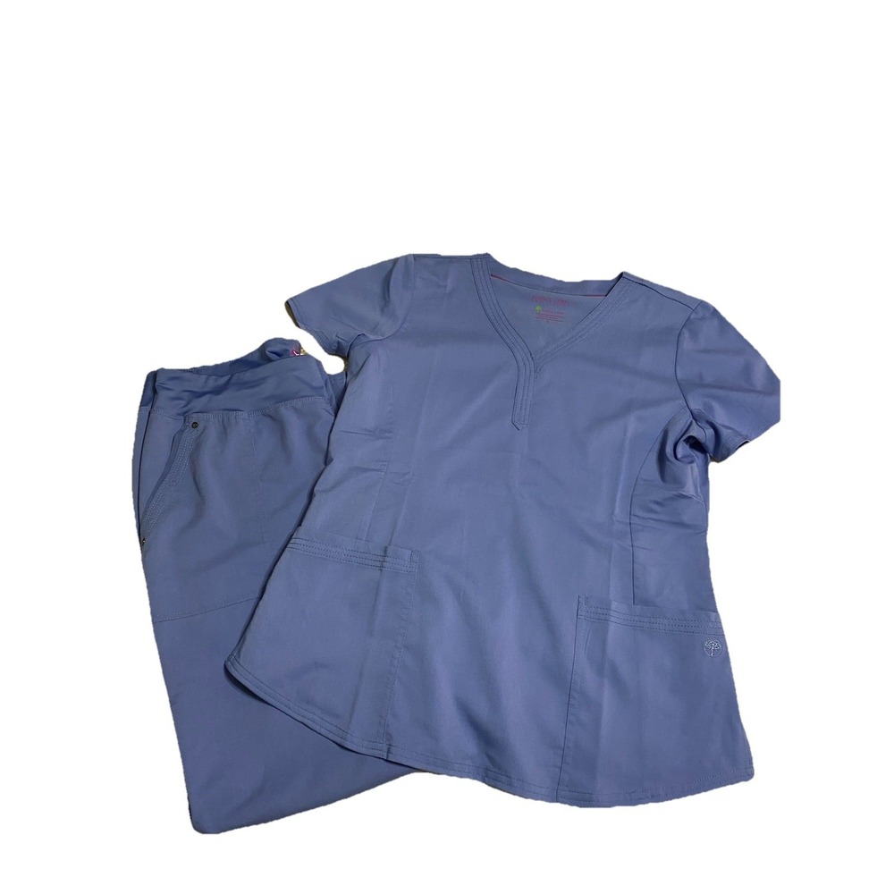 Purple Label Yoga Women's V-Neck Scrub Top and Pants Set in Periwinkle/Ceil Blue
